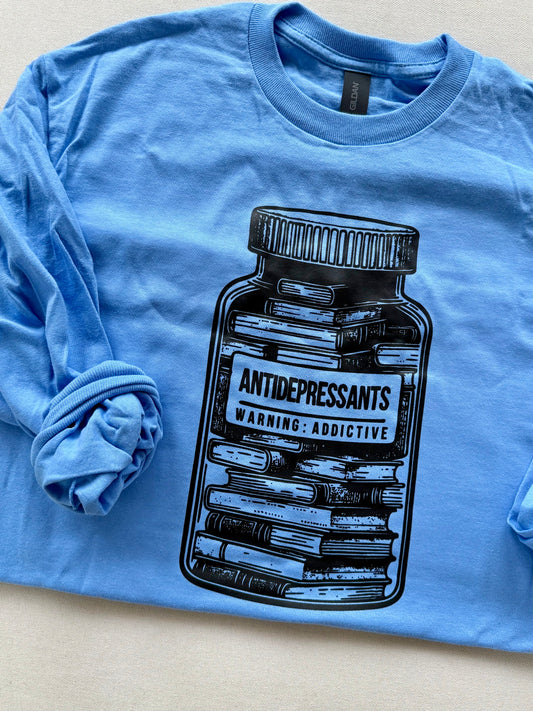 Antidepressants book bottle Shirt (black ink)