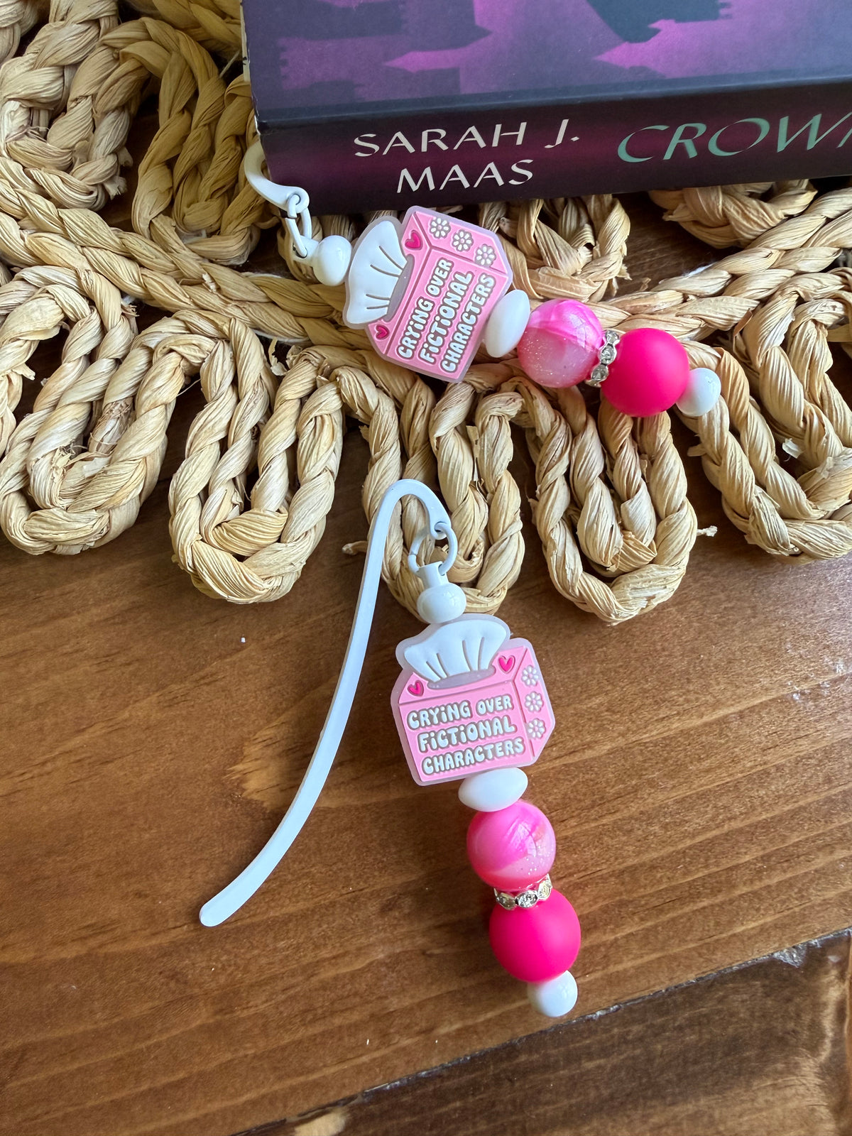 Crying over fictional characters beaded bookmark
