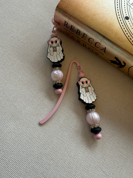 Pink Ghostie Reading Beaded Bookmark