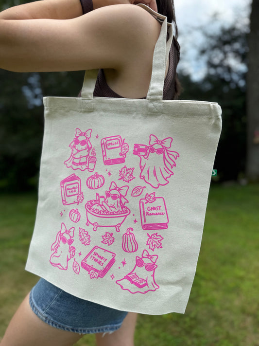 Highlighter Pink Reading Ghosts Tote Bag