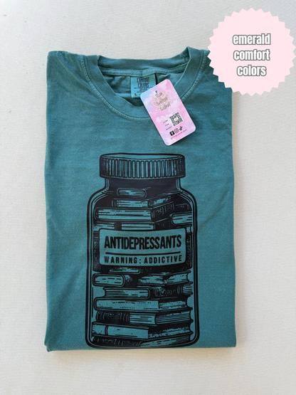 Antidepressants book bottle Shirt (black ink)